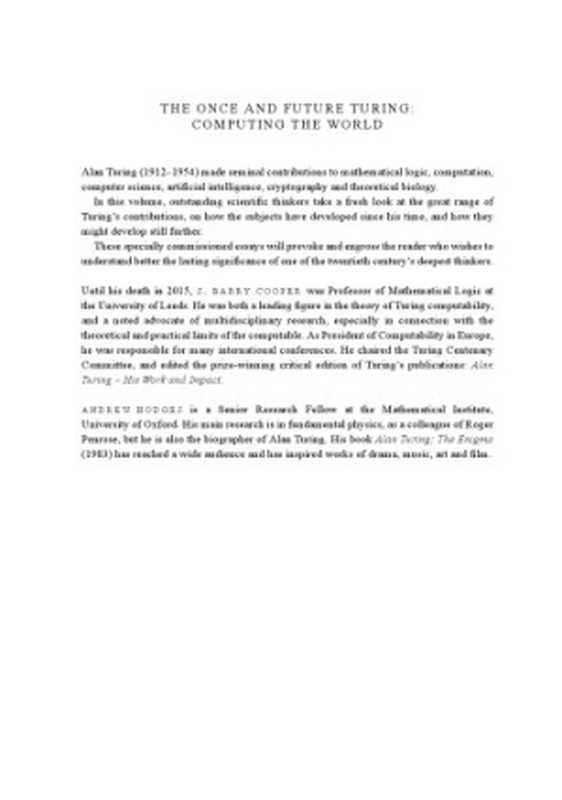 The once and future turing computing the world(S.Barry Cooper and Andrew Hodges)(Cambridge University Press 2016)