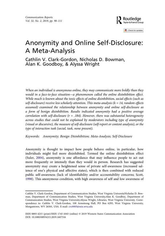 Anonymity and Online Self-Disclosure： A Meta-Analysis（Cathlin V. Clark-Gordon， Nicholas D. Bowman， Alan K. Goodboy， & Alyssa Wright）（Routledge 2019）