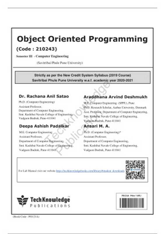 OBJECT ORIENTED PROGRAMMING(M A. Ansari, Dr. Lalit V. Patil, Rashmi B. Kale, Sandip A. Kahate)(TechKnowledge Publications 2020)