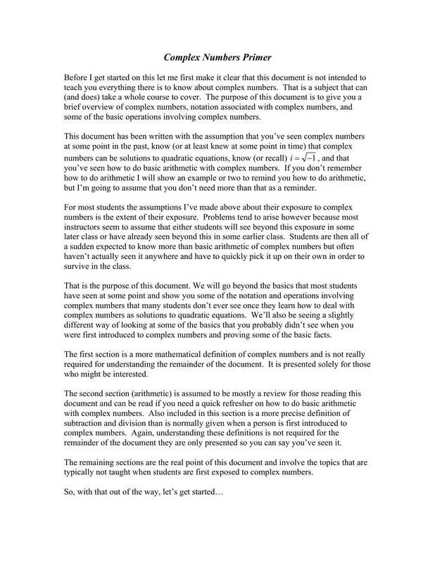 Complex Numbers Primer(Dawkins P.)(2006)