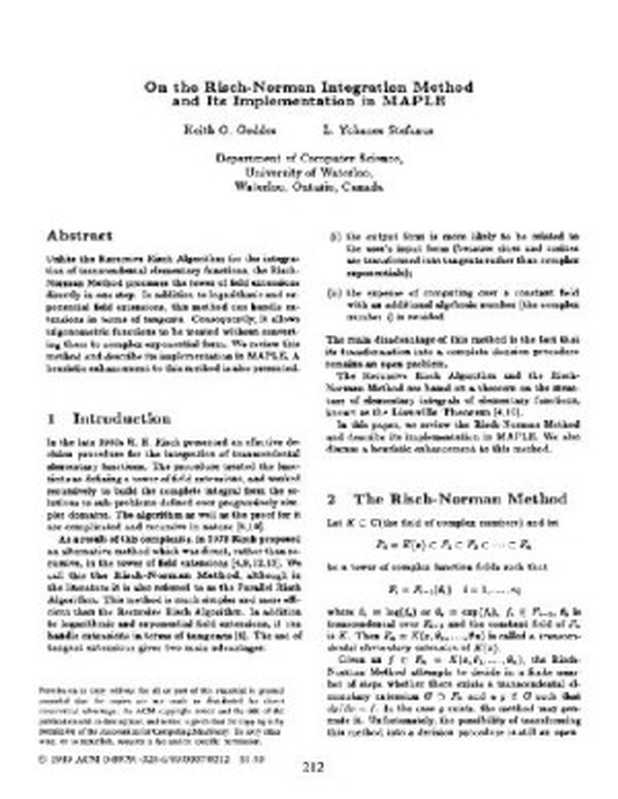 Risch-Norman integration method（Geddes.）