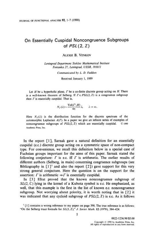 On essentially cuspidal noncongruence subgroups of PSL(2 Z(Alexei B Venkov)(1990)
