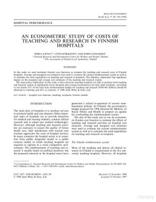 An econometric study of costs of teaching and research in Finnish hospitals（Miika Linna; Unto Häkkinen; Eero Linnakko）（1998）