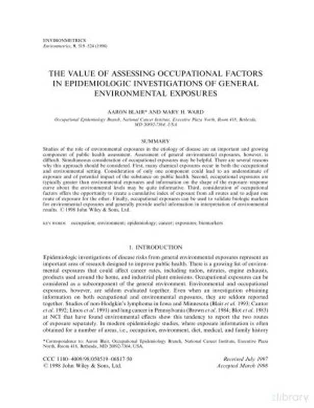 The value of assessing occupational factors in epidemiologic investigations of general environmental exposures(Aaron Blair; Mary H. Ward)(1998)